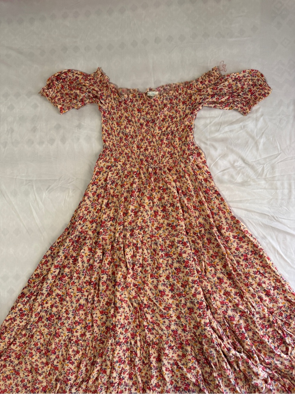 Smocked Floral Maxi Dress in Cream with Pink Bloom - Picture 4 of 11